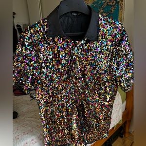 Men’s Glitter Sequin Rhinestone Shirt, XL